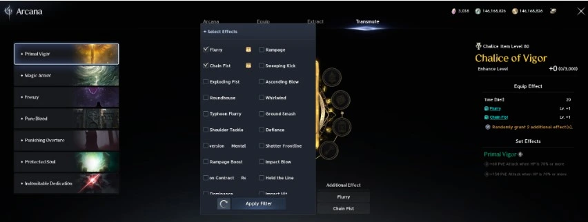 Captura de tela do AION 2: secao Transmute para craftar carta de Arcana