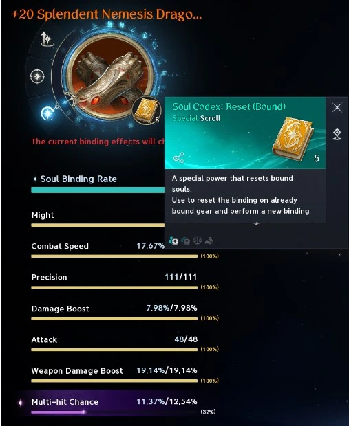 Captura de tela do AION 2: Soul Codex Reset, que embaralha todas as Stat Lines