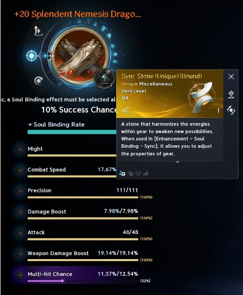 Captura de tela do AION 2: Stat Lines de uma peça com as chances de roll