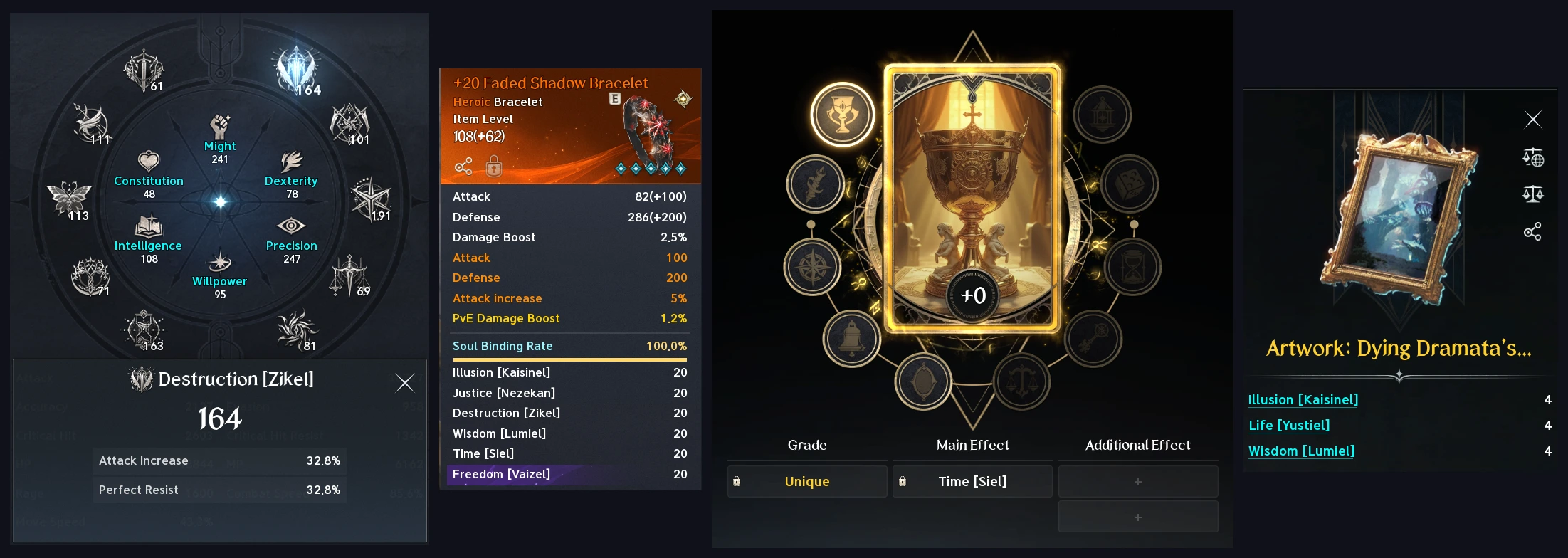 Captura de tela do AION 2: GEAR & BASICS EXPLAINED — PANTHEON (STATS) / STATUES (4 telas do jogo numa imagem)